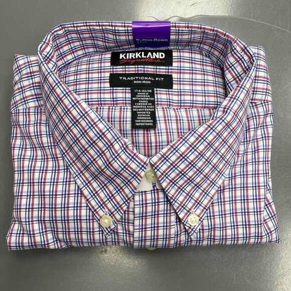 NEW Kirkland Signature Men's 17.5 x 34/35 Button-Down Dress Shirt Plaid - Picture 2 of 6